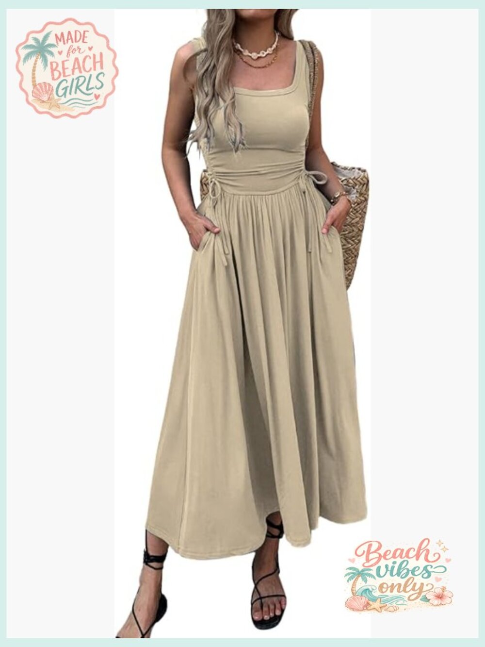 Sleeveless Boho Maxi Dress with Pockets, Adjustable Waist, Sundress